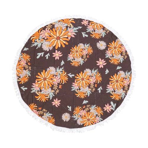 LVD Round Micrfibre Beach Towel Retro Flowers Adele Orange/Brown 150x150cm