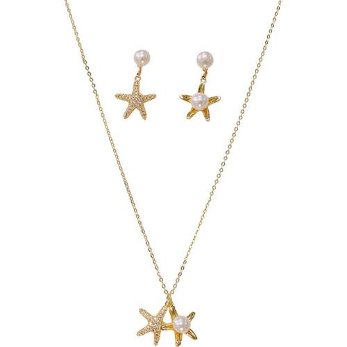 LVD Womens Pearl Starfish Necklace & Earring Set Gold-Plated Copper