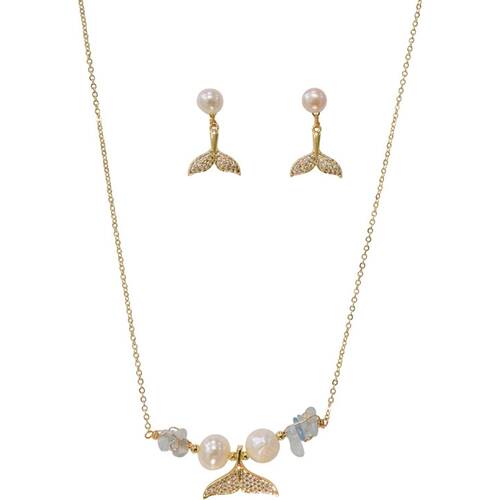 LVD Womens Pearl Whale Necklace & Earring Set Gold-Plated Copper