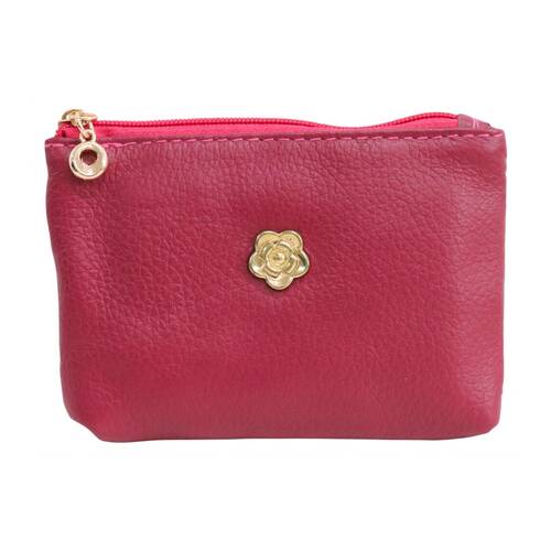 LVD Berry Red Womens Textured Leather Coin Purse W/ Gold Flower 12.5x8cm