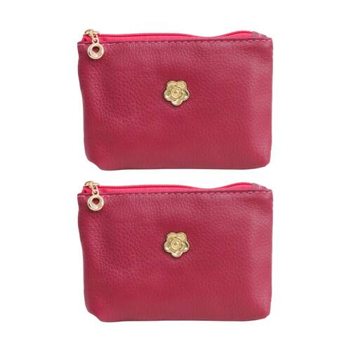 2PK LVD Berry Red Womens Textured Leather Coin Purse W/ Gold Flower 12.5x8cm