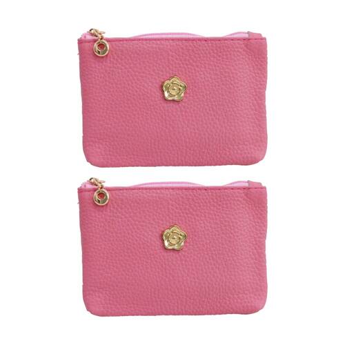 2PK LVD Pink Womens Textured Leather Coin Purse W/ Gold Flower 12.5x8cm