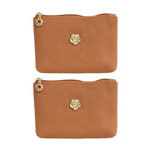 2PK LVD Tan Womens Textured Leather Coin Purse W/ Gold Flower 12.5x8cm