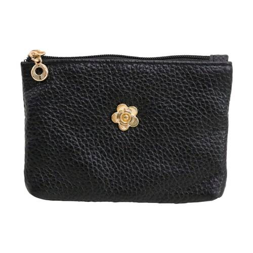 LVD Black Womens Textured Leather Coin Purse W/ Gold Flower 12.5x8cm