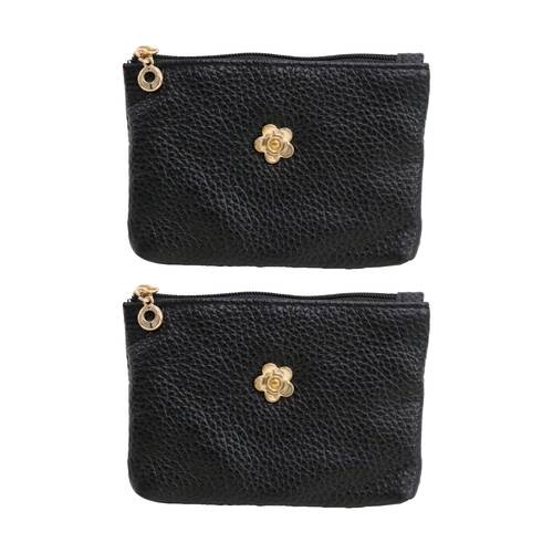 2PK LVD Black Womens Textured Leather Coin Purse W/ Gold Flower 12.5x8cm