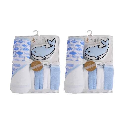 2x 6pc LVD Kids Bathtime Hooded Bath Towel Washcloths and Sponge Set Whale