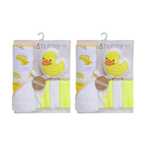 2x 6pc LVD Kids Bathtime Hooded Bath Towel Washcloths and Sponge Set Duck