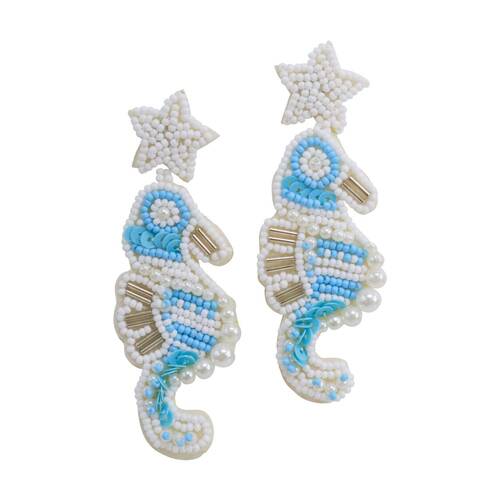 LVD Womens Beaded Seahorse Beachside/Coastal Style Earrings Blue & White