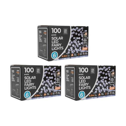 3x 100pc Home Brite Outdoor LED Solar Fairy String Lights 4.9 Metres White