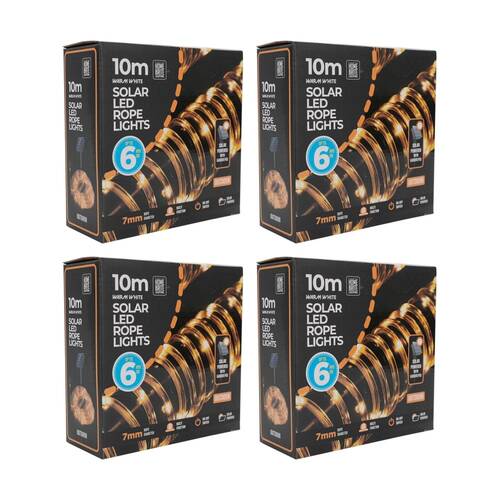 4PK Home Brite Outdoor LED Solar Rope String Lights 10 Metres Warm White