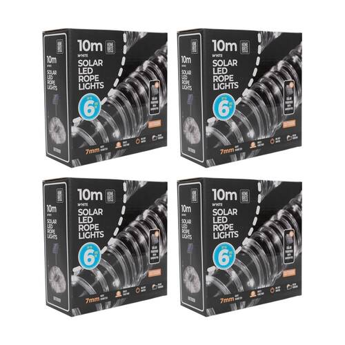 4PK Home Brite Outdoor LED Solar Rope String Lights 10 Metres White