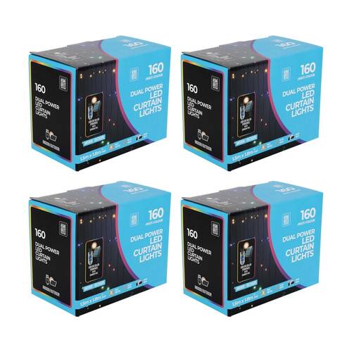 4PK Home Brite Outdoor 160LED Solar Curtain String Lights 1.5x1.8m Multi Colour