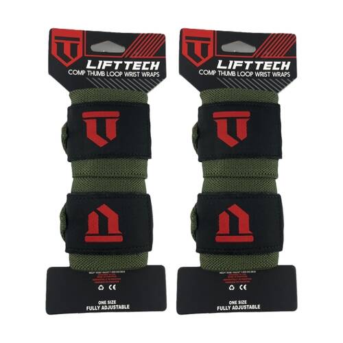 2x 2pc Lift-Tech Comp Elastic Support Wrist Wrap Army Green 18in W/ Thumb Loop