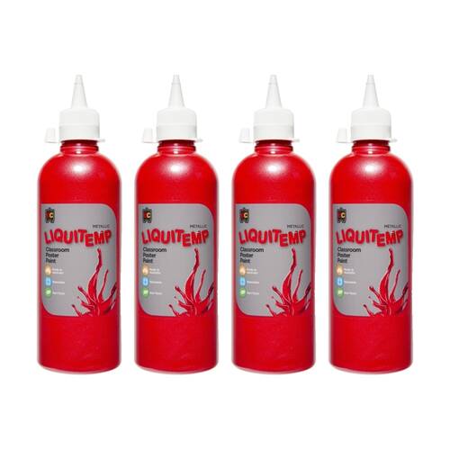 4PK Educational Colours Metallic Liquitemp Classroom Poster Paint Red 500ml