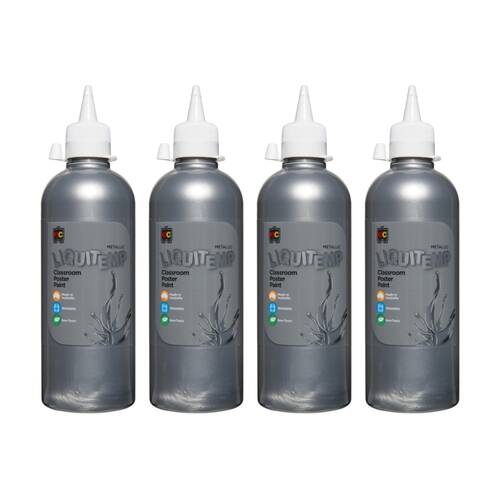 4PK Educational Colours Metallic Liquitemp Classroom Poster Paint Silver 500ml