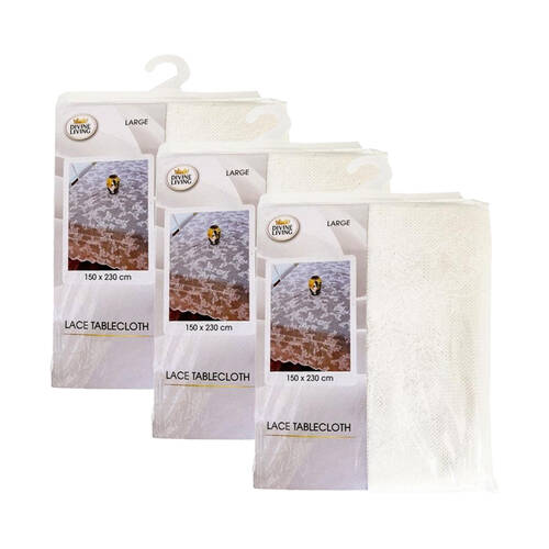 3PK Divine Living Lace Decorative Floral Design Tablecloth 150x230cm Cream
