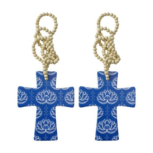 2PK LVD Lotus Cross Home & Living Decor W/ Beads Blue/White 12x14x.05cm