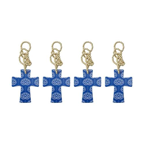 4PK LVD Lotus Cross Home & Living Decor W/ Beads Blue/White 12x14x.05cm