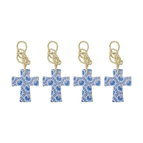 4PK LVD Blue Cintzy Cross Home & Living Decor W/ Beads 12x14x.05cm