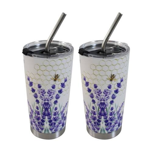 2x 3pc LVD Straw Drink Cup Set W/ Lavender Bee & Straw-Cleaning Brush 600ml