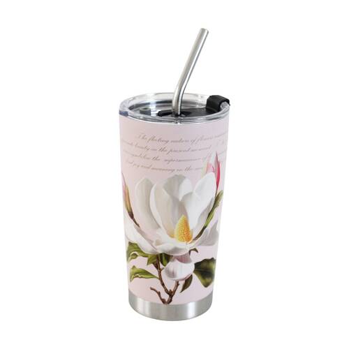 3pc LVD Straw Drink Cup Set W/ Magnolia & Straw-Cleaning Brush 600ml