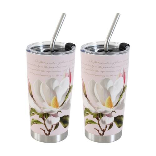 2x 3pc LVD Straw Drink Cup Set W/ Magnolia & Straw-Cleaning Brush 600ml