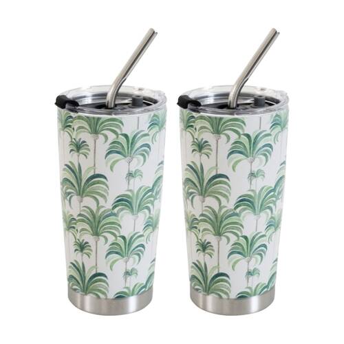 2x 3pc LVD Straw Drink Cup Set W/ Palm Tree & Straw-Cleaning Brush 600ml