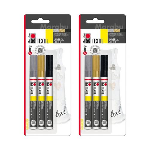 2x 3pc Marabu Textil Painter Multicolour Craft Fabric Pen Markers 3mm Glitter