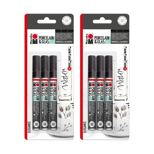 2x 3pc Marabu Porcelain & Glass Painter Universal/Calligraphy Marker Set Black