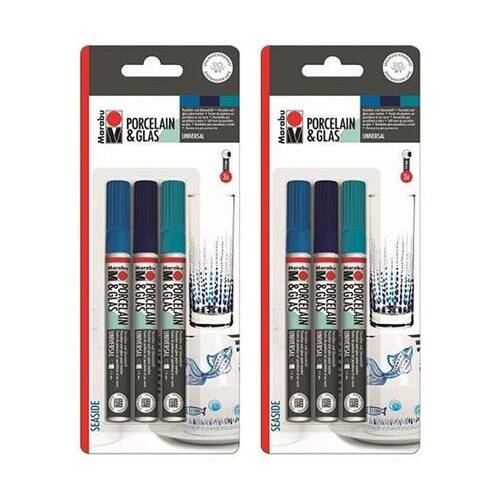 2x 3pc Marabu Art/Craft Porcelain & Glass Painter Marker Set Seaside
