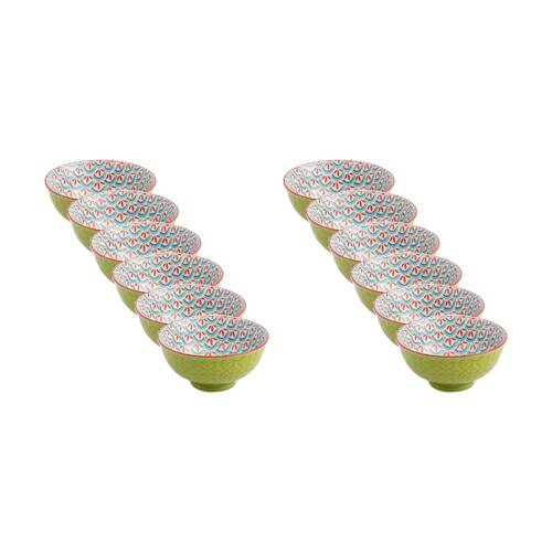 12PK Mikasa Green and Blue Geometric Stoneware Nibble Bowl 12cm Dishwasher Safe