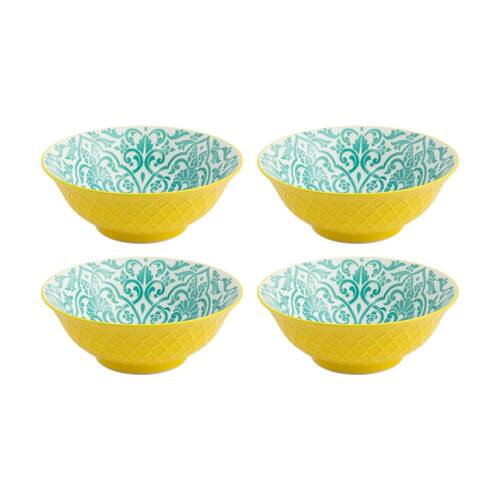 4PK Mikasa Yellow and Blue Geometric Stoneware Ramen Bowl 21cm Dishwasher Safe