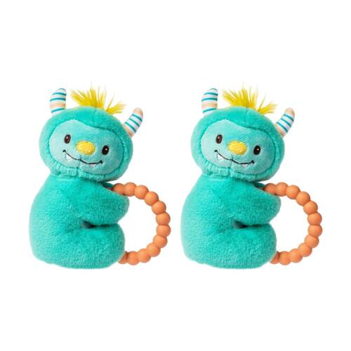 2PK Mary Meyer Mookie Monster Soft Plush Rattle & Silicone Teether Aqua 12cm