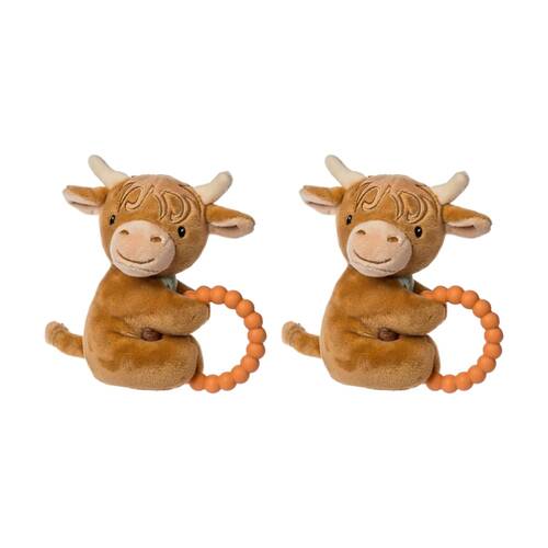 2PK Mary Meyer Hetty Highland Cow Soft Plush Rattle/Silicone Teether Brown 14cm
