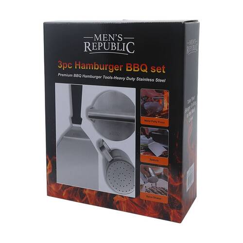 3pc Men's Republic Hamburger BBQ Set Spatula Patty Press Dredge Shaker