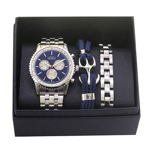 3pc Men's Republic Watch Set With Bracelets Signature Gift Silver And Blue