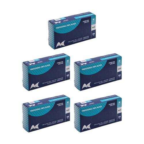 5x 100pc Artists Choice Vinyl Gloves Powder Free Latex Medical Black Medium