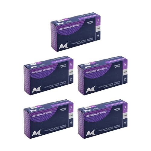 5x 100pc Artists Choice Vinyl Gloves Powder Free Latex Medical Black Small