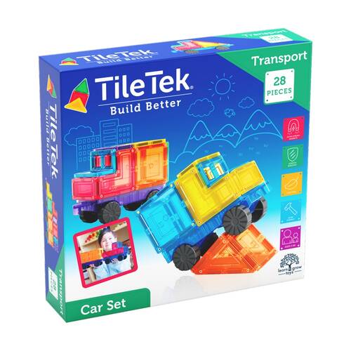  28pc TileTek Car Set Magnetic Building Blocks with Rubber Wheels