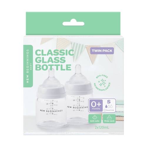 2pc New Beginnings Classic Glass Baby Bottle Anti-Colic Silicone Teat Set 120ml