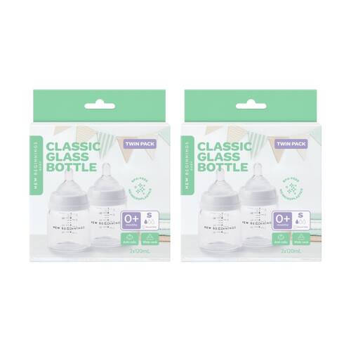 2x 2pc New Beginnings Classic Glass Bottle Anti-Colic Silicone Teat Set 120ml