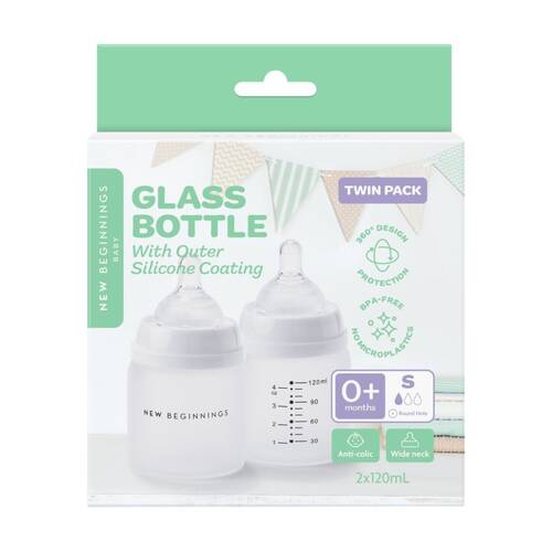 2pc New Beginnings Anti-Colic Glass Bottle W/ Outer Silicone Coating Set 120ml