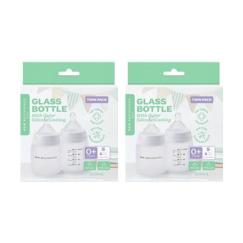 2x 2pc New Beginnings Anti-Colic Glass Bottle With Silicone Coating Set 120ml