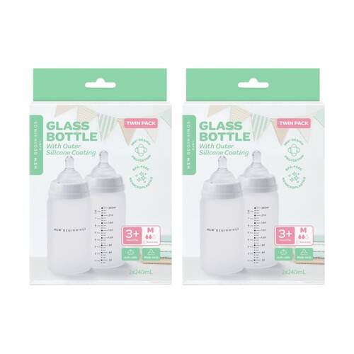 2x 2pc New Beginnings Anti-Colic Glass Bottle With Silicone Coating Set 240ml