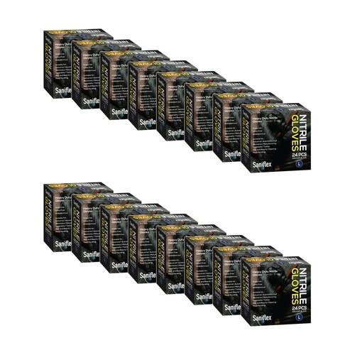 16x 24pc Saniflex Single Use Disposible Heavy Duty Nitrile Gloves L Black
