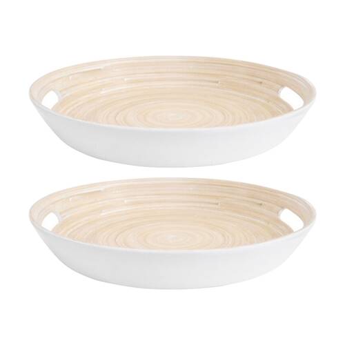 2PK LVD Round White Bamboo Serving Tray Home Kitchen Decor 35x35x5cm