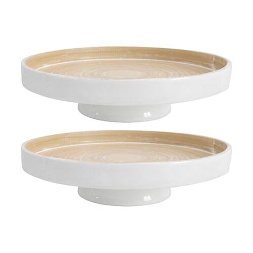 2PK LVD Round White Bamboo Pedestal Serving Tray Home Kitchen Decor 30x30x10cm