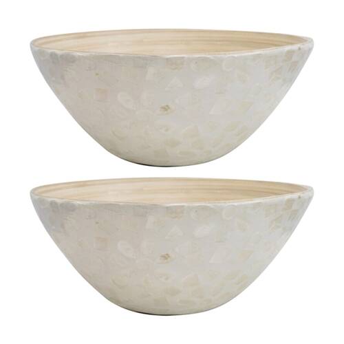 2PK LVD Medium Round Bamboo Capiz Shell Bowl Decorative/Salad 25x25x10cm