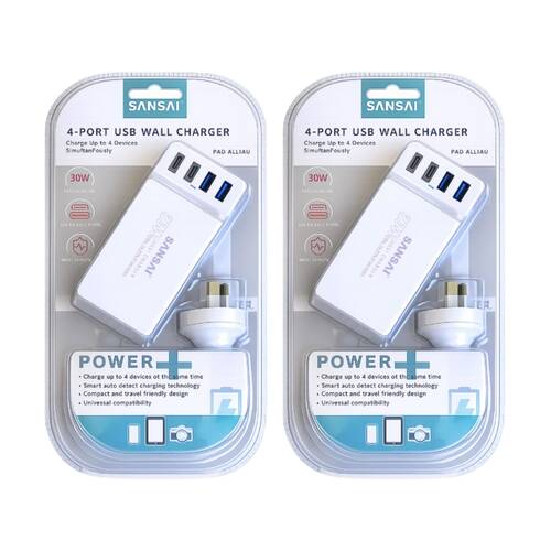2PK Sansai 4-Port USB A & C Charging Station 30W Total Output 1.5m Top Insert