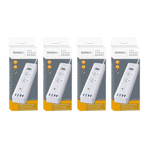 4PK Sansai 2 Outlet Powerboard With USB-A And C Ports 30W USB Output 1m Cord
